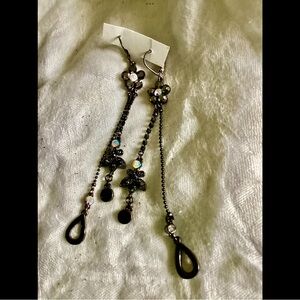 4” Long Black Butterfly Rhinestone Earrings Latch Backs Pierced